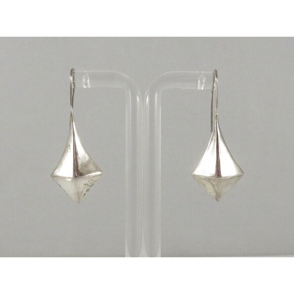 Puffy Diamond Form 1 7/8" Hook Dangling Earring Set In Sterling Silver - Picture 2 of 4